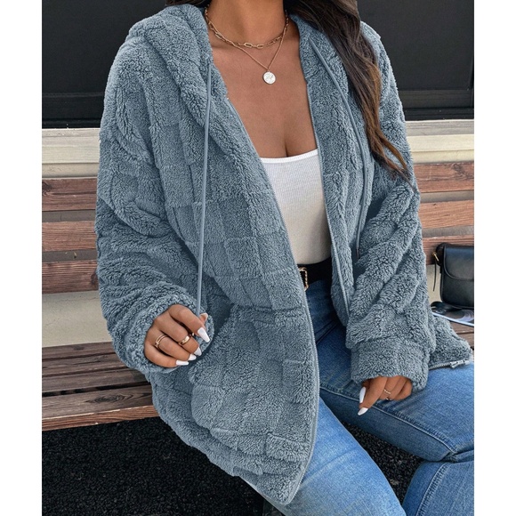 Plus Solid Dusty Blue Checkered zip up Drawstring Hoodie Jacket - Picture 6 of 10